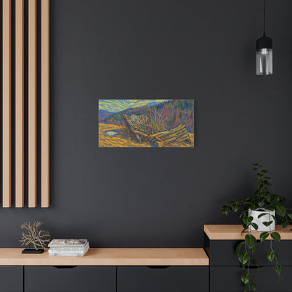 Impressionist starry landscape canvas print by Printify featuring a vibrant night sky and scenic countryside scene.