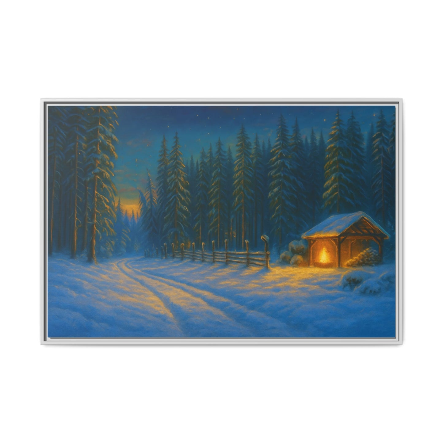 Snowy forest evening scene on cozy winter cabin matte framed canvas wall art by Printify