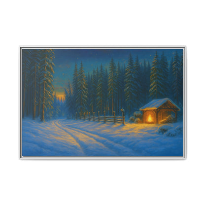 Snowy forest evening scene on cozy winter cabin matte framed canvas wall art by Printify