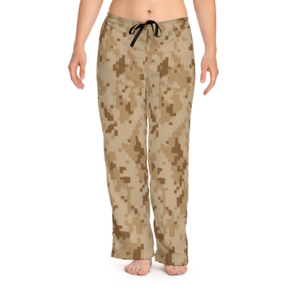 Desert camo women's pajama pants with digital camouflage print, cozy loungewear from Printify featuring all-over camouflage design.