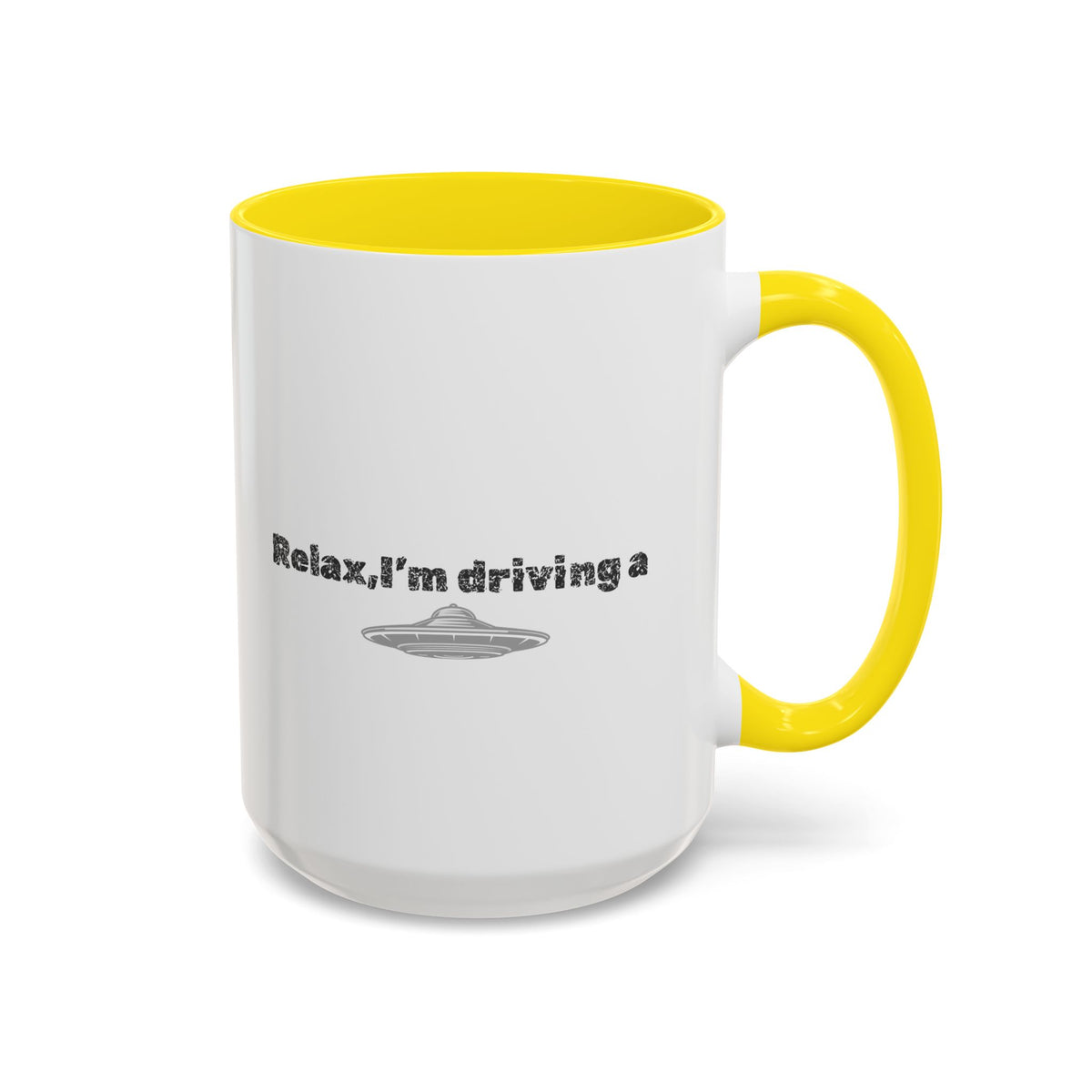 Ceramic coffee mug with "Relax, I’m Driving" UFO accent design, available in 11 or 15 oz, by Printify.