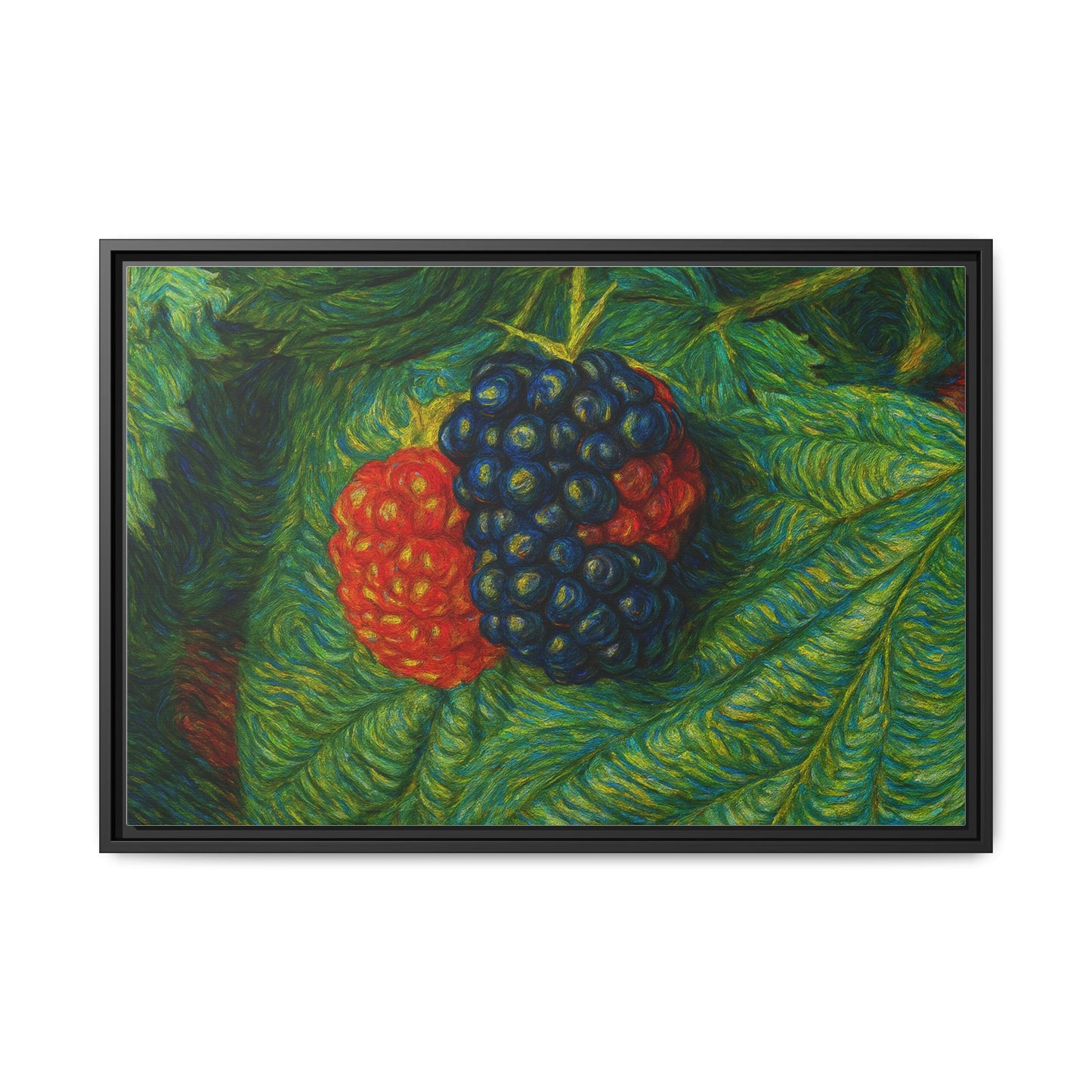 Blackberry still life framed canvas print by Printify, featuring a detailed, vibrant image of blackberries on a canvas artwork.