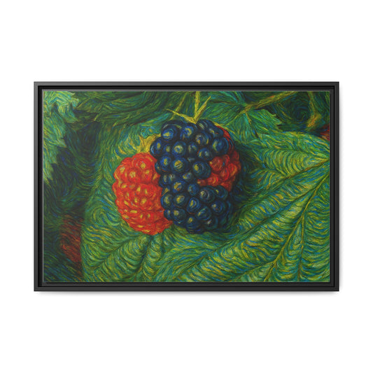 Blackberry still life framed canvas print by Printify, featuring a detailed, vibrant image of blackberries on a canvas artwork.