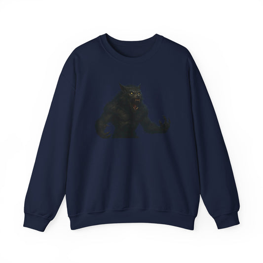 Dark moon horror crewneck sweatshirt featuring a werewolf illustration, made by Printify, with detailed wolf design on the front.