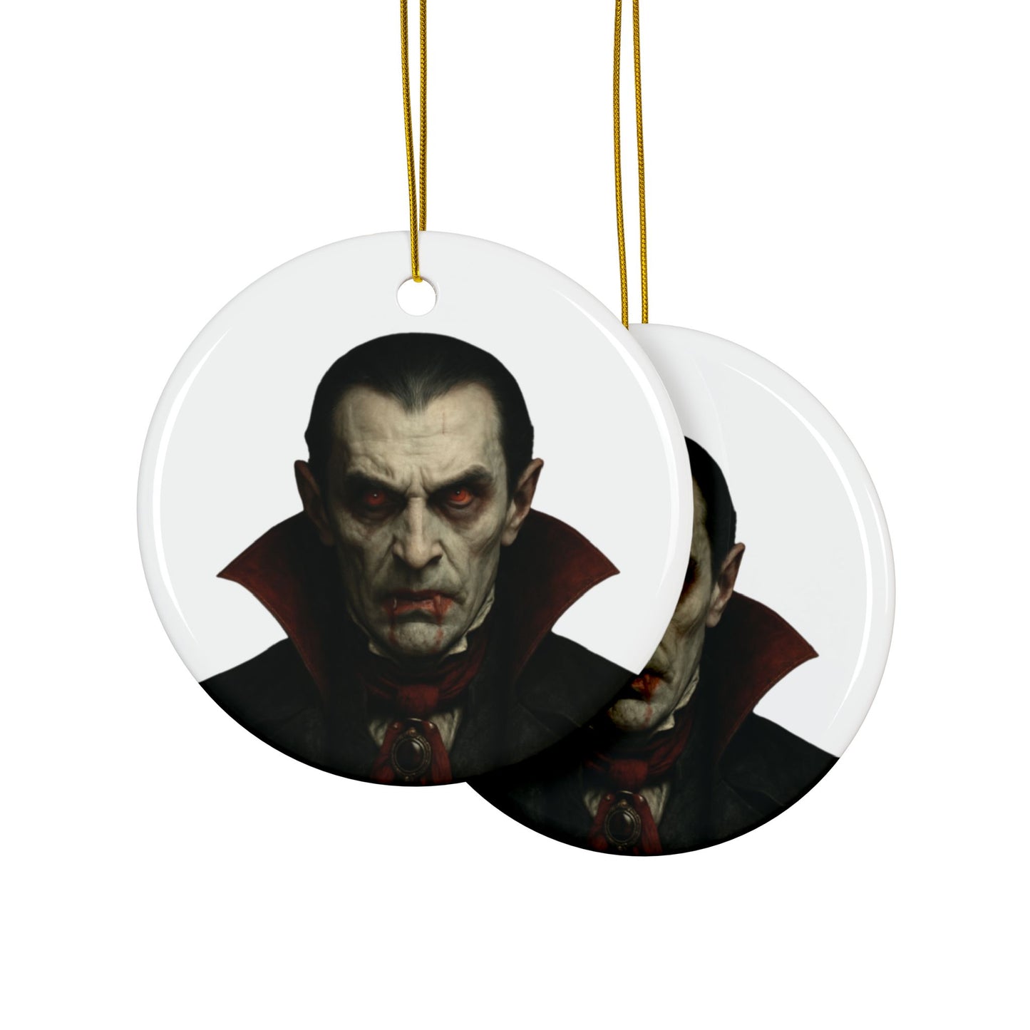 Two-sided vampire portrait ceramic ornament with gothic Christmas design, featuring detailed vampire artwork for holiday decor.
