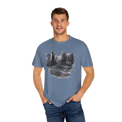 Artistic Forest Scene T-shirt | Nature Lover Gift, Outdoor Adventure Tee, Eco-Friendly Fashion, Vintage Inspired Clothing, Unisex Gift - TRV