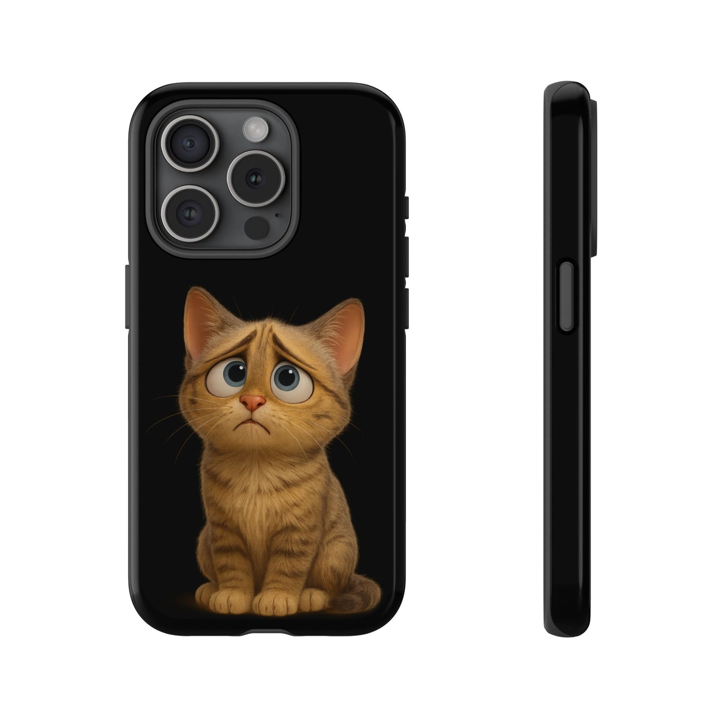 Cute sad kitty print phone case for iPhone, protective and colorful, designed by Printify with a playful feline illustration.