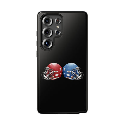 Red and blue football helmet phone case for iPhone, durable protective cover with printed football design.