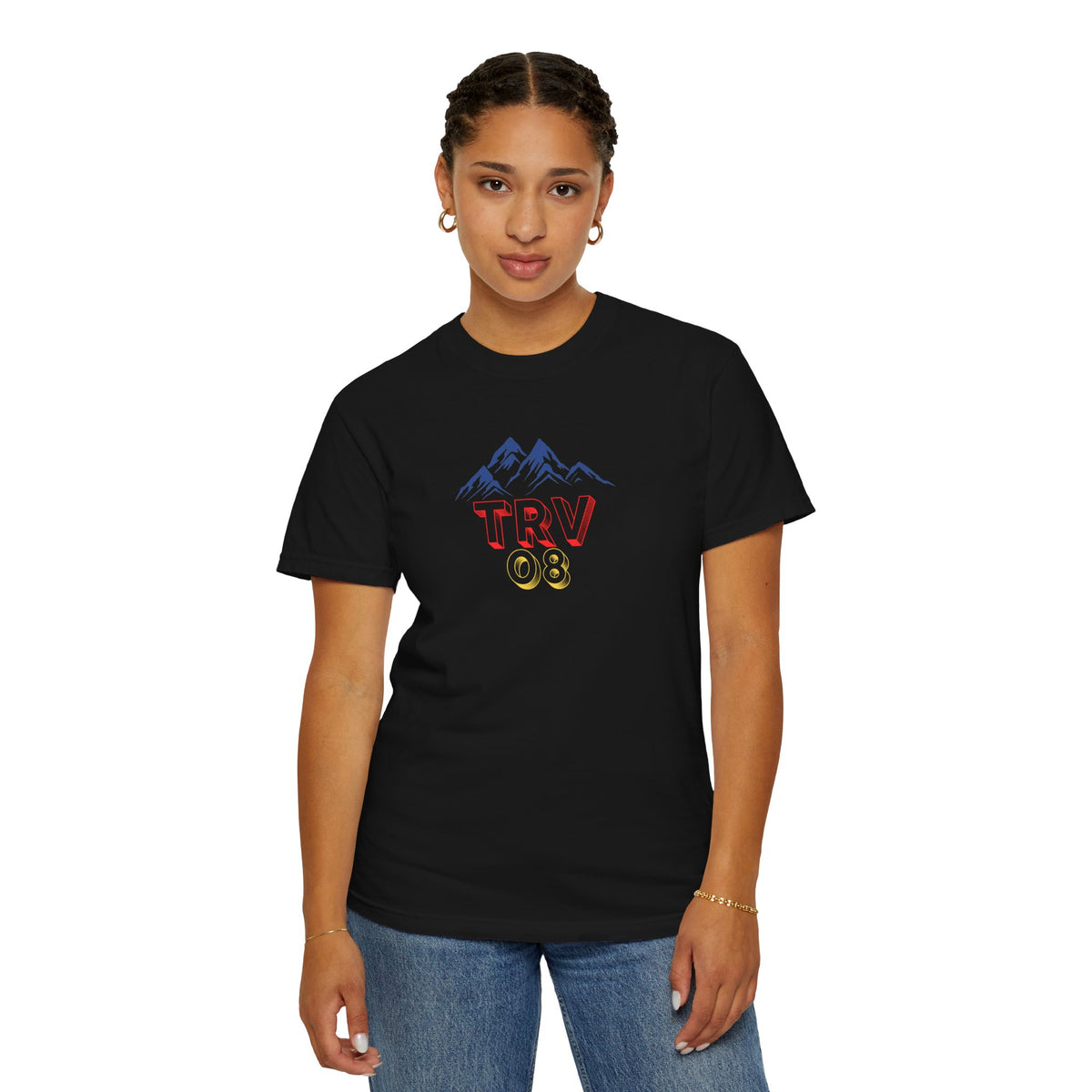 Unisex garment-dyed T-shirt with the Printify TRV08 logo in black on a soft, casual tee, displayed flat on a white background.