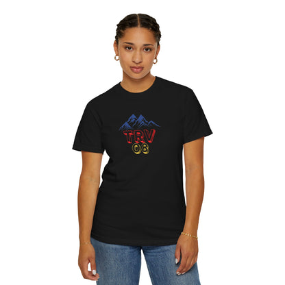 Unisex garment-dyed T-shirt with the Printify TRV08 logo in black on a soft, casual tee, displayed flat on a white background.