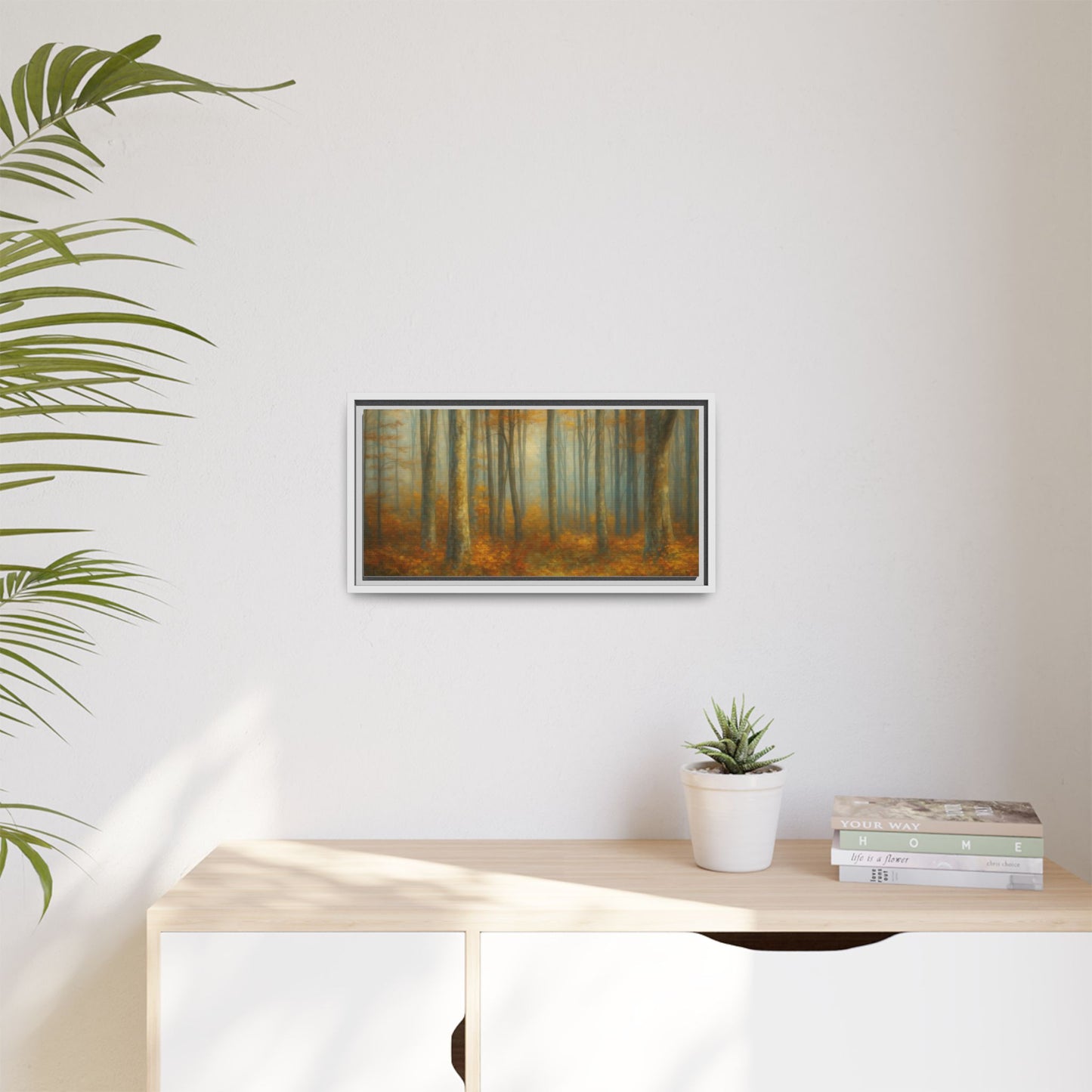 Framed autumn forest canvas print showing a misty woodland scene with colorful fall trees and lush greenery on a wall art display