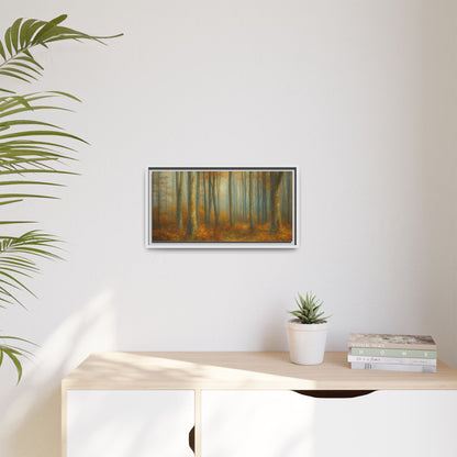 Framed autumn forest canvas print showing a misty woodland scene with colorful fall trees and lush greenery on a wall art display