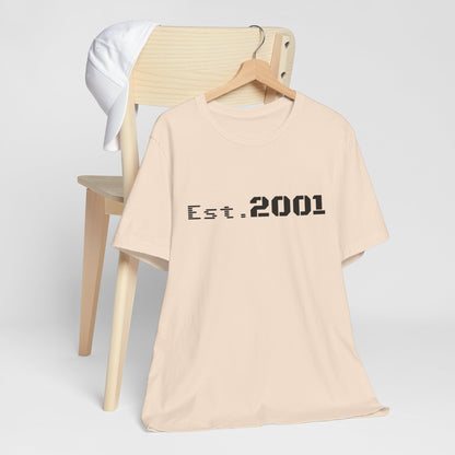Retro minimalist Est. 2001 graphic T-shirt by Printify, featuring a simple birth year design on a casual T-shirt.