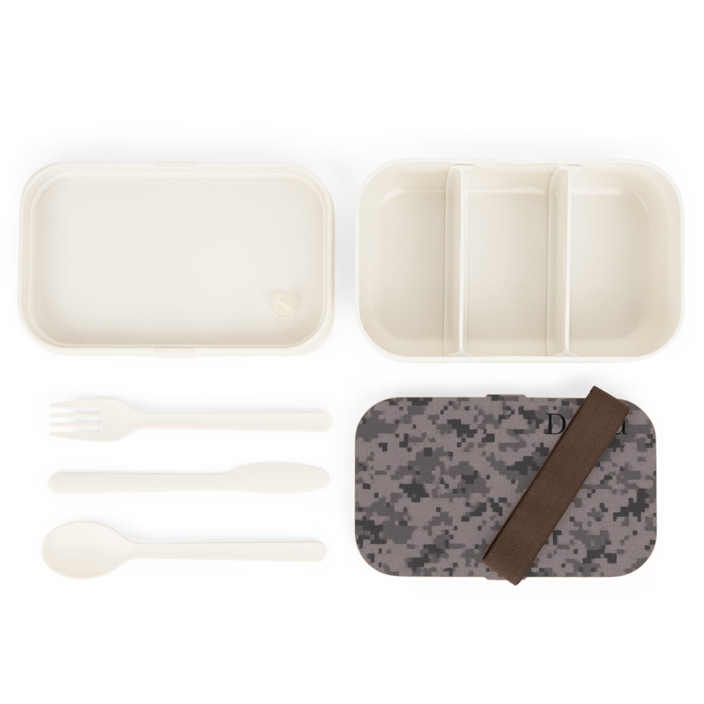 Personalized camouflage bento lunch box with optional name, durable accessories by Printify, ideal for kids and school lunches.