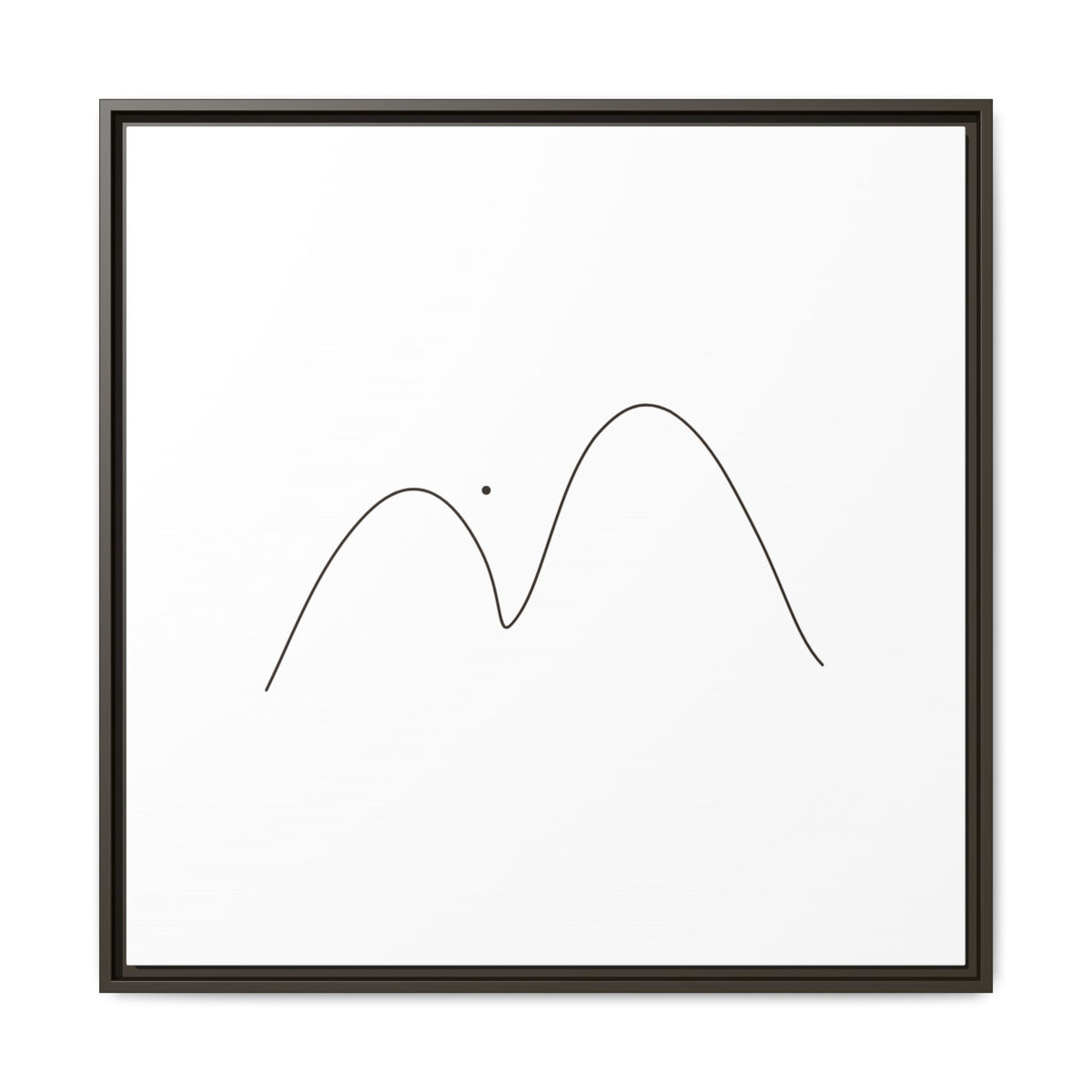 Framed matte canvas featuring minimalist mountain line art by Printify, showcasing sleek black mountain outlines on a white background.