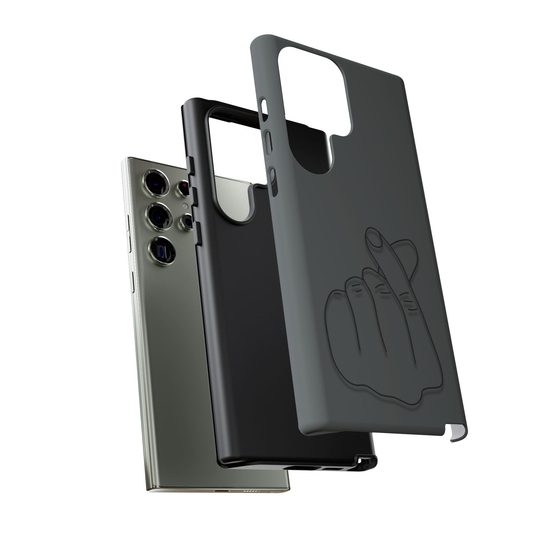 Silicone phone case with embossed Korean finger heart design, compatible with smartphones, by Printify.