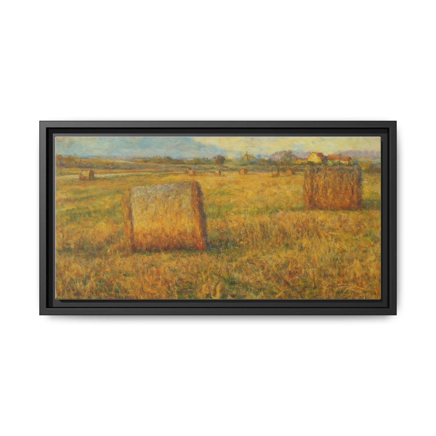 Rustic hayfield landscape print on framed matte canvas wall art by Printify, showcasing a serene rural scene with vibrant colors.