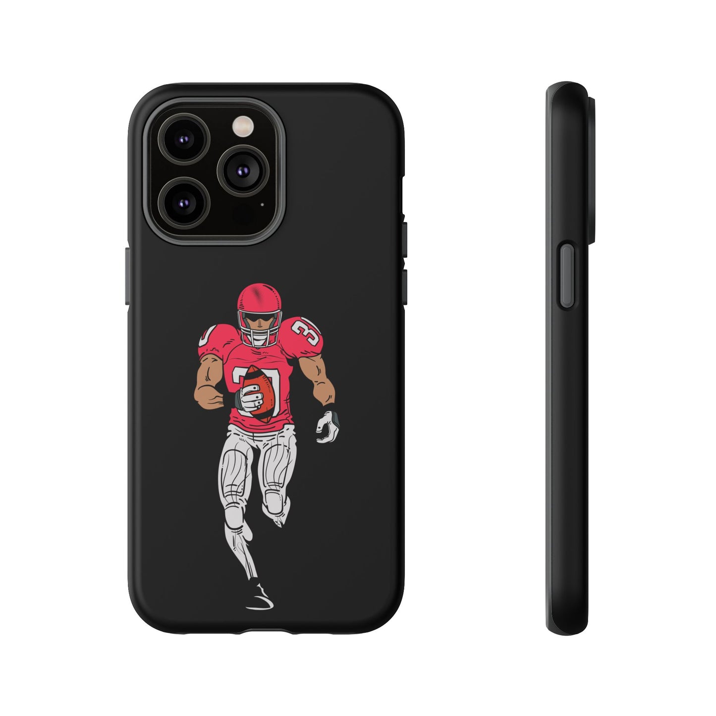 Black football player tough phone case for iPhone by Printify, showcasing a protective sports-themed design