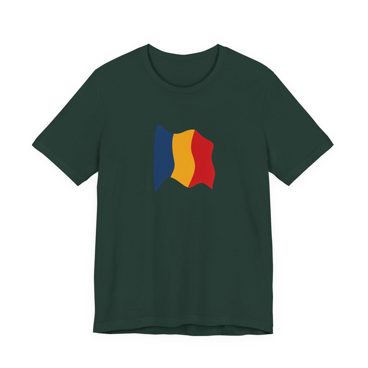 Romania flag T-shirt by Printify featuring a minimal waving tricolor design on a comfortable casual tee.