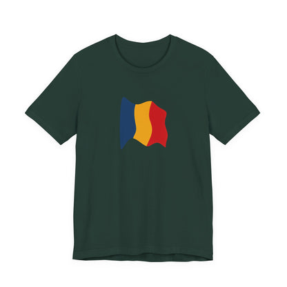 Romania flag T-shirt by Printify featuring a minimal waving tricolor design on a comfortable casual tee.