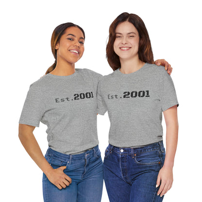 Retro minimalist Est. 2001 graphic T-shirt by Printify, featuring a simple design celebrating the birth year.