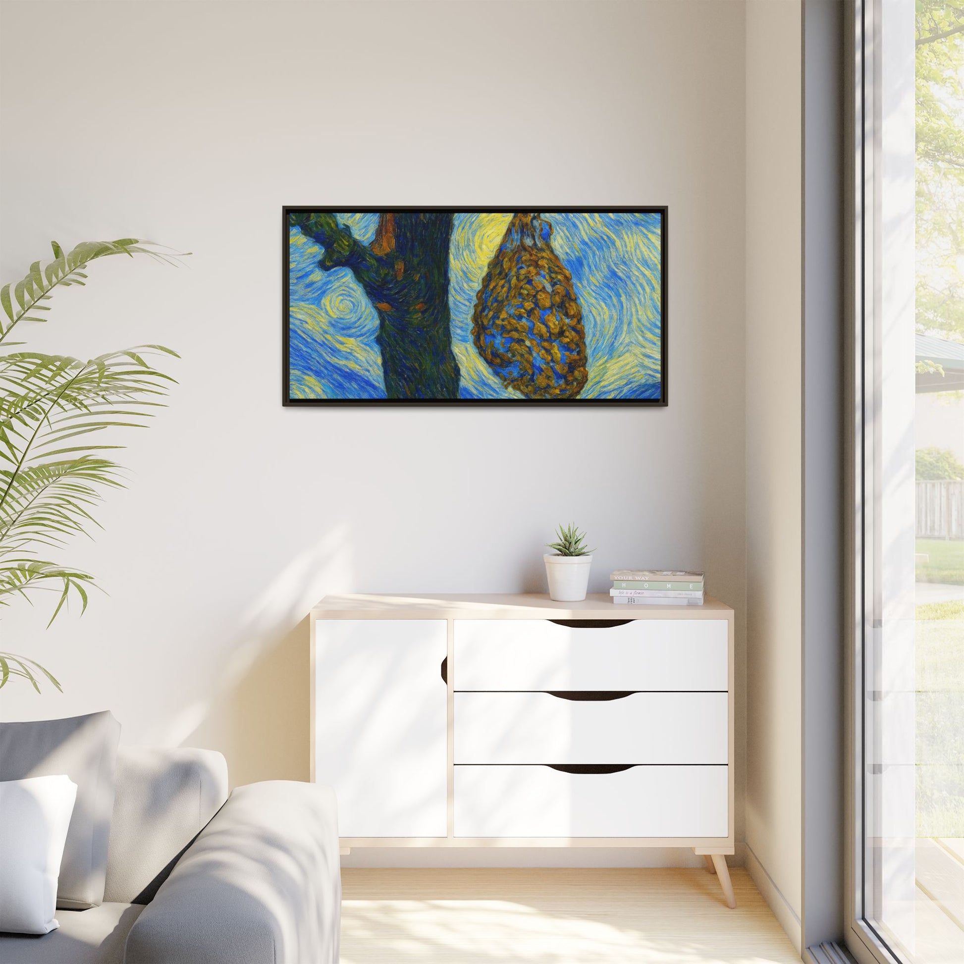 Framed matte canvas art of a starry nut cluster in dried plum tree, featuring detailed botanical illustration by Printify.