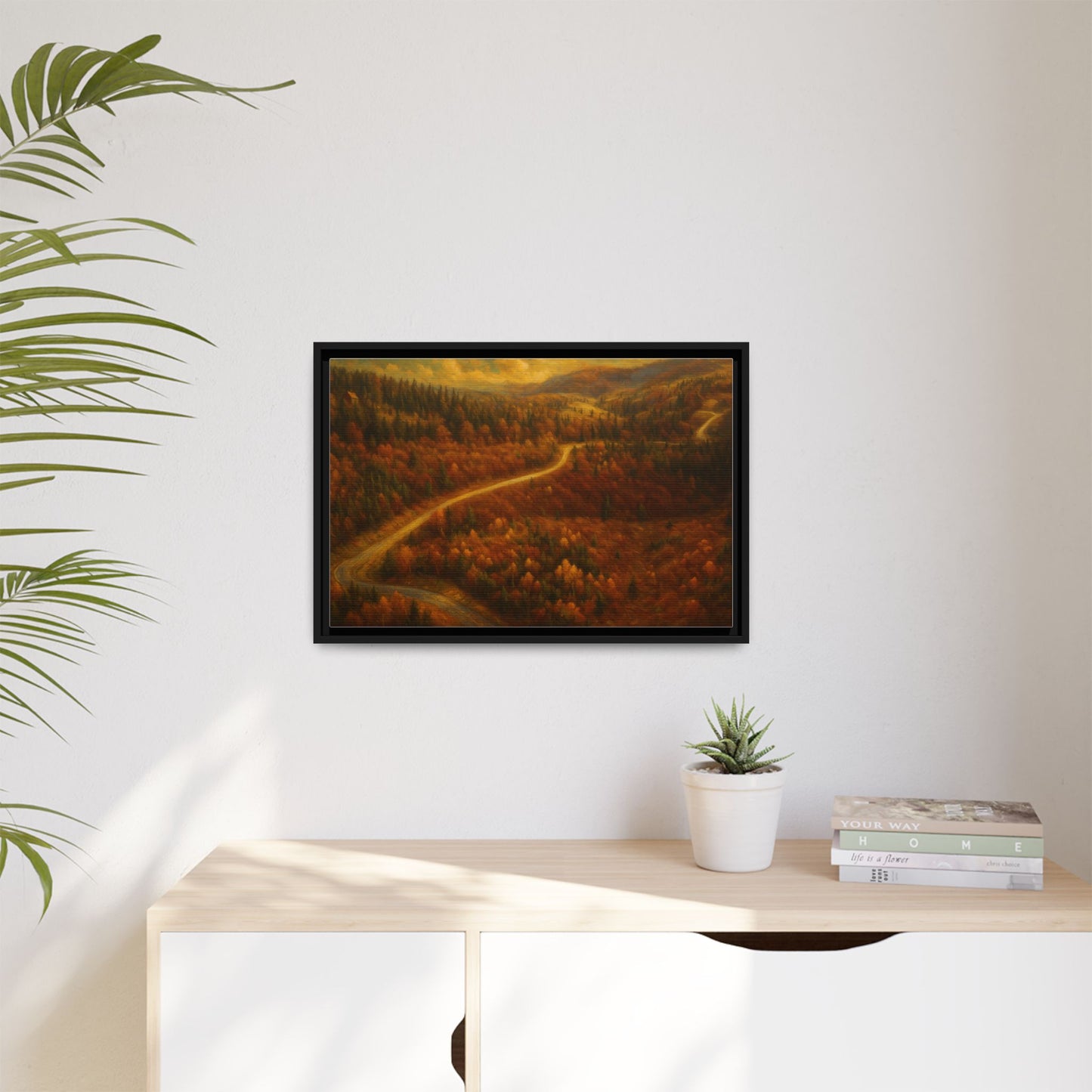 Framed matte canvas print of autumn forest road landscape wall art by Printify, featuring vibrant fall colors and scenic nature view.