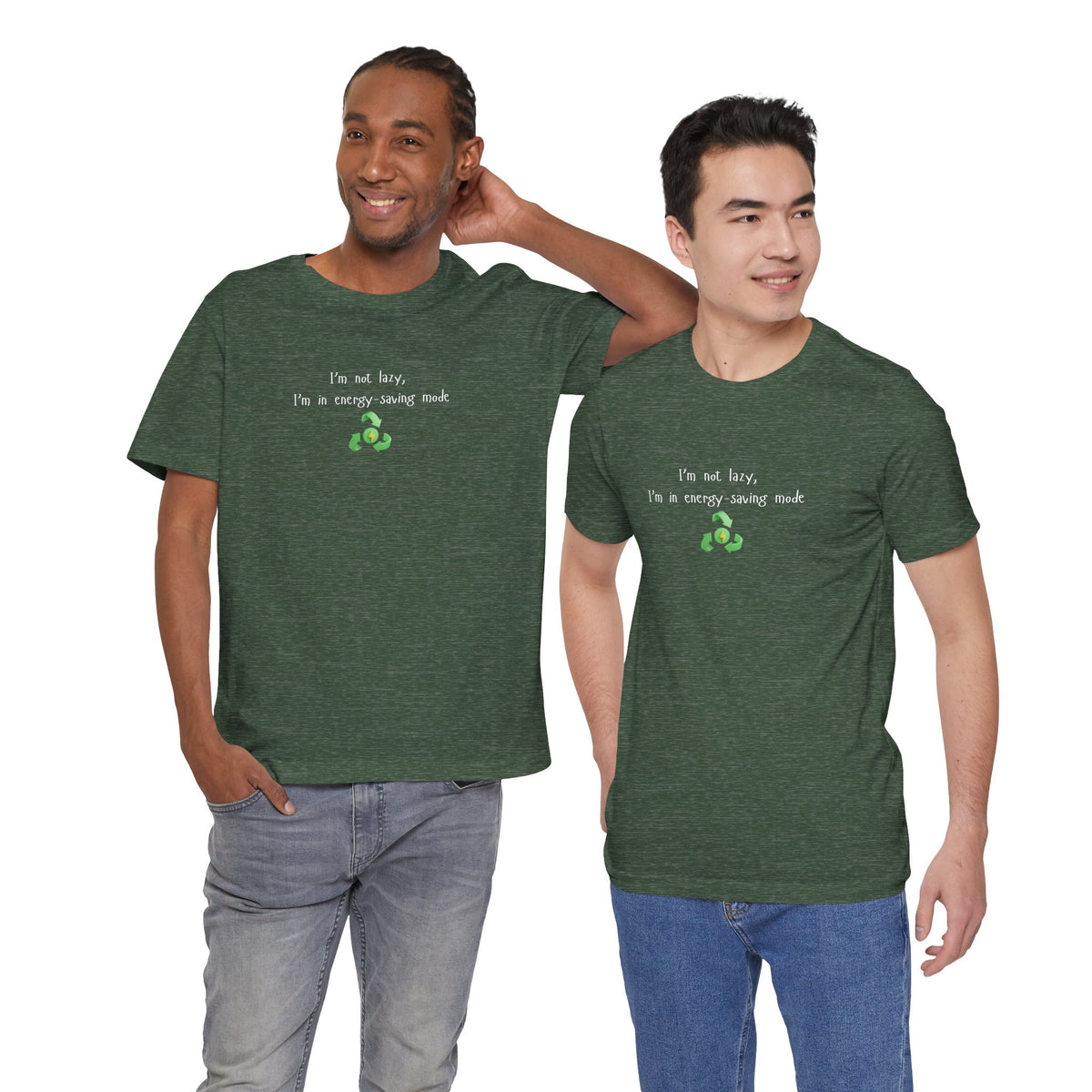 Eco humor T-shirt featuring the phrase "I’m Not Lazy, I’m an Energy-Saving Mock" by Printify, casual cotton shirt with printed design.