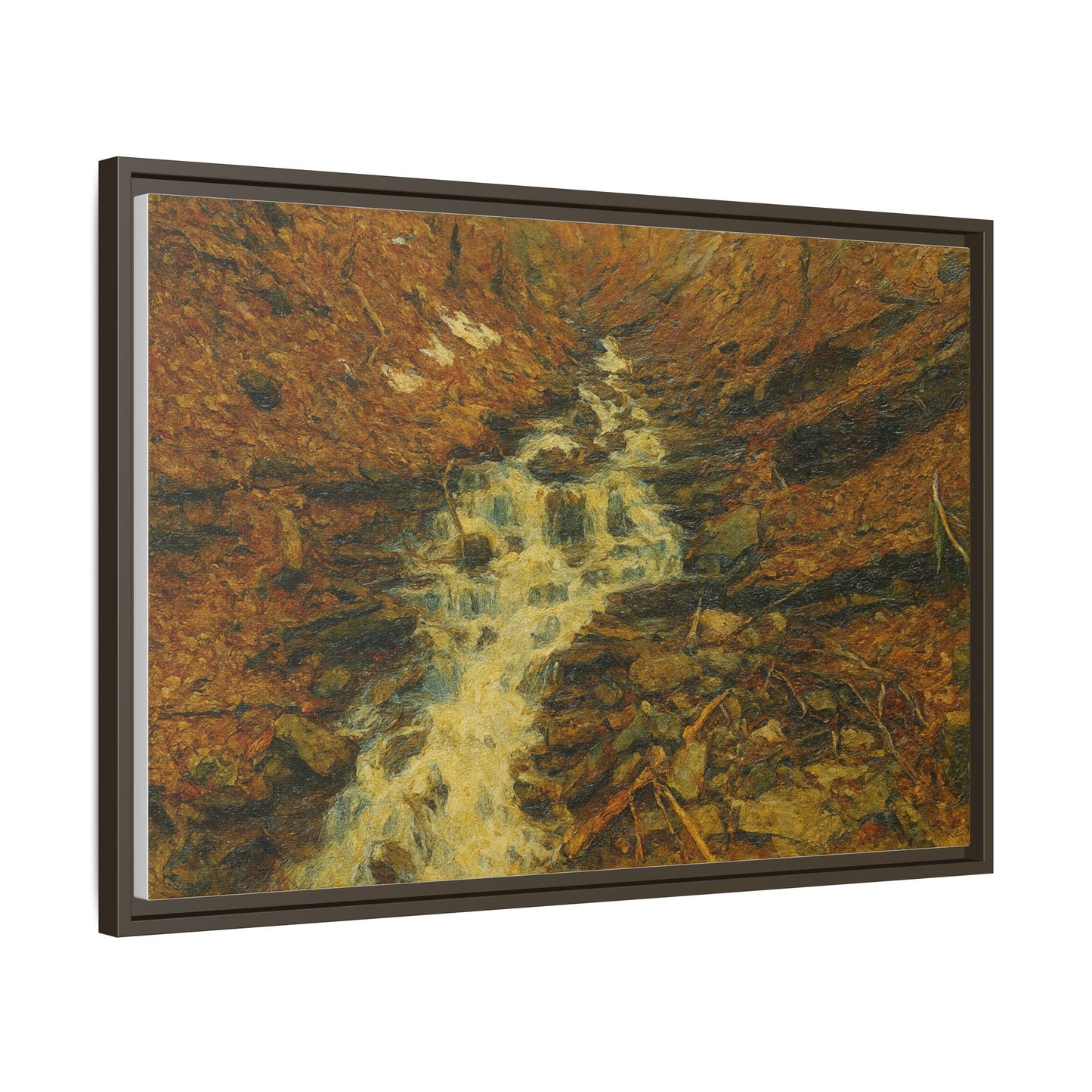Framed matte canvas print of autumn stream landscape artwork by Printify, showcasing vibrant fall colors and serene water scene.