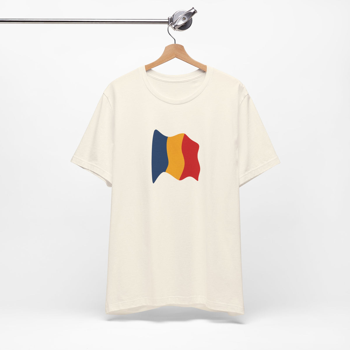 Romania flag T-shirt by Printify featuring a minimal waving tricolor design on a casual T-shirt.