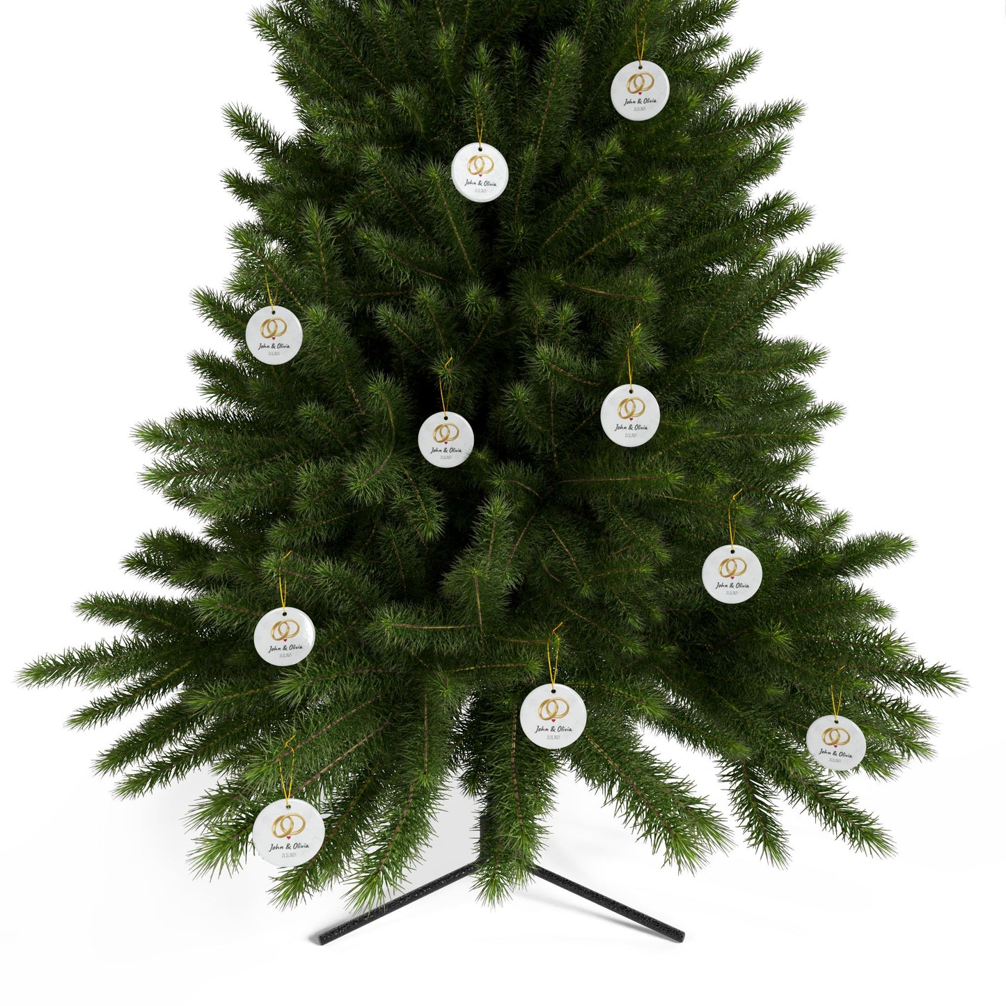 Round ceramic wedding rings ornament with personalized names and date, featuring decorative design by Printify.