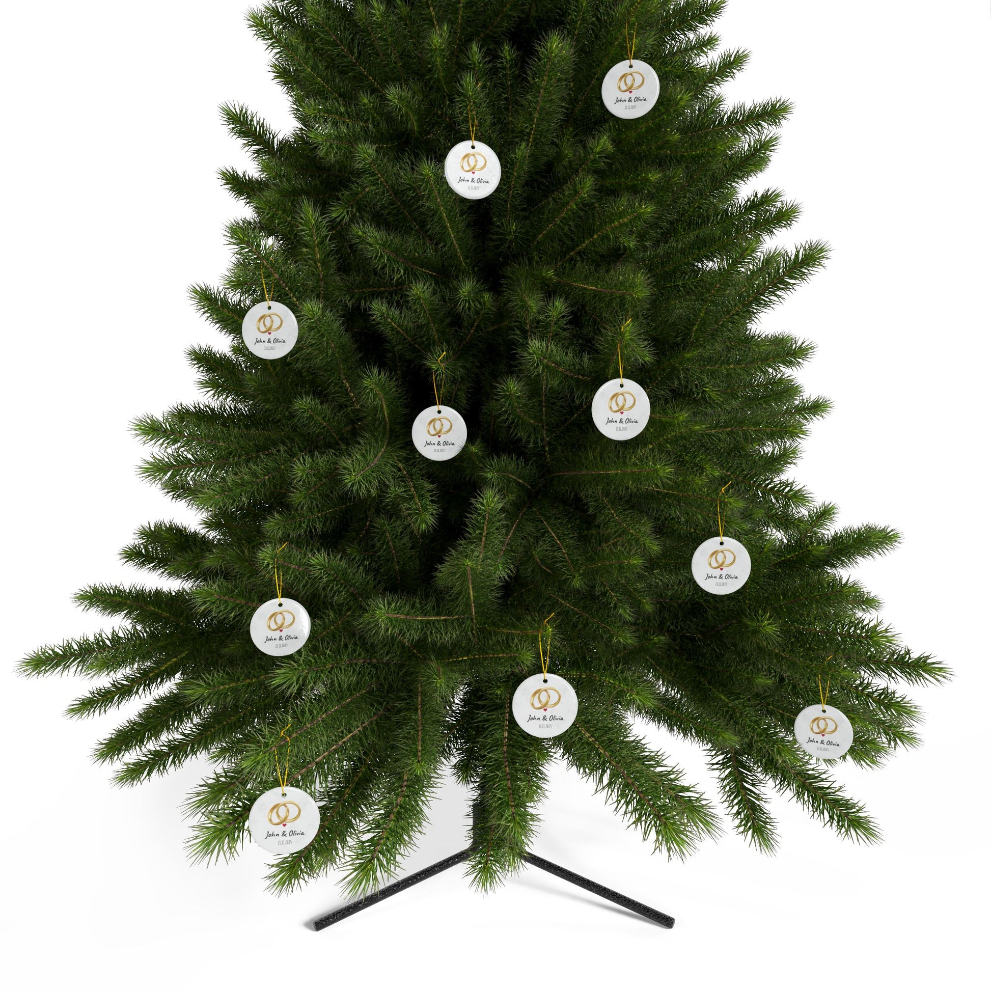 Round ceramic wedding rings ornament with personalized names and date, featuring decorative design by Printify.