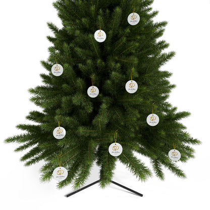 Round ceramic wedding rings ornament with personalized names and date, featuring decorative design by Printify.