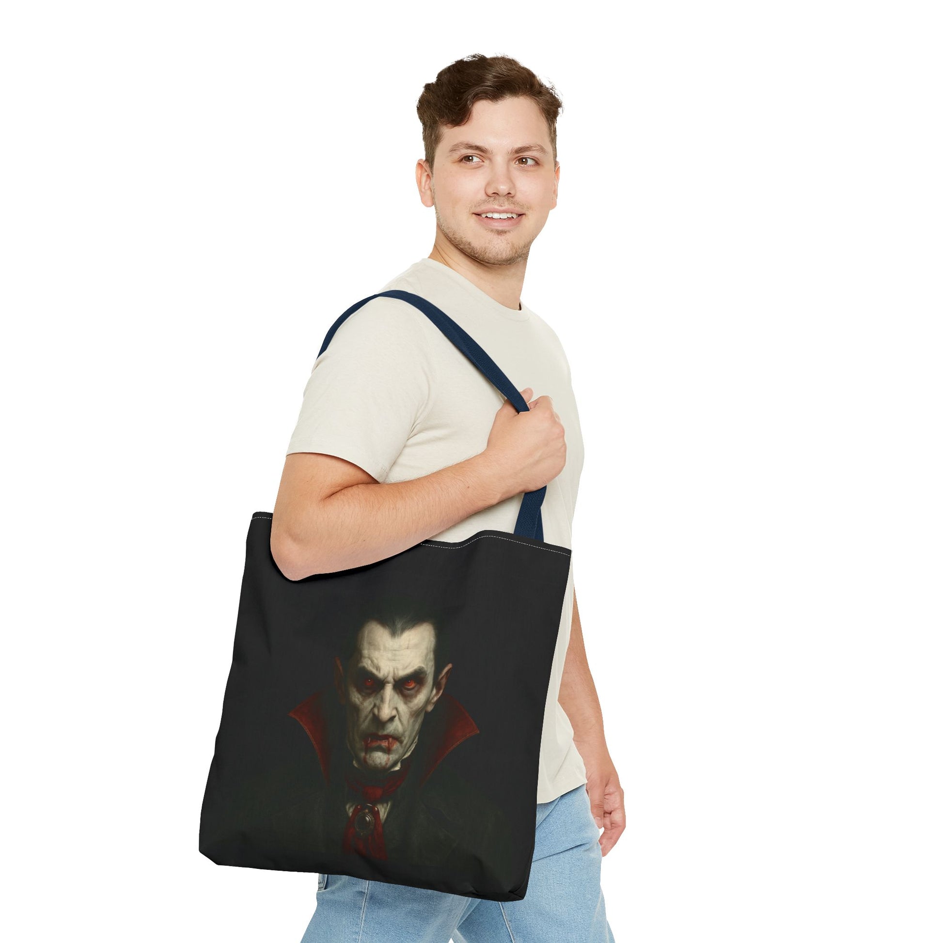 Black vampire tote bag with spooky gothic design, Printify Halloween accessory, featuring vampire-themed artwork on durable fabric.