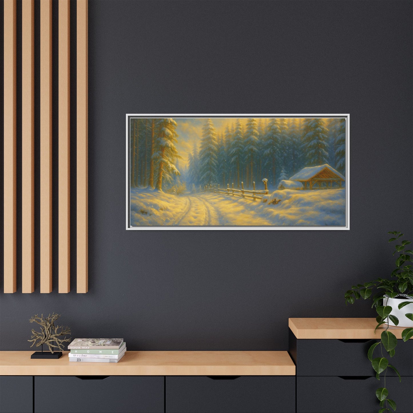 Framed winter cabin canvas print featuring a snowy forest sunset, wall art by Printify showcasing cozy outdoor scene