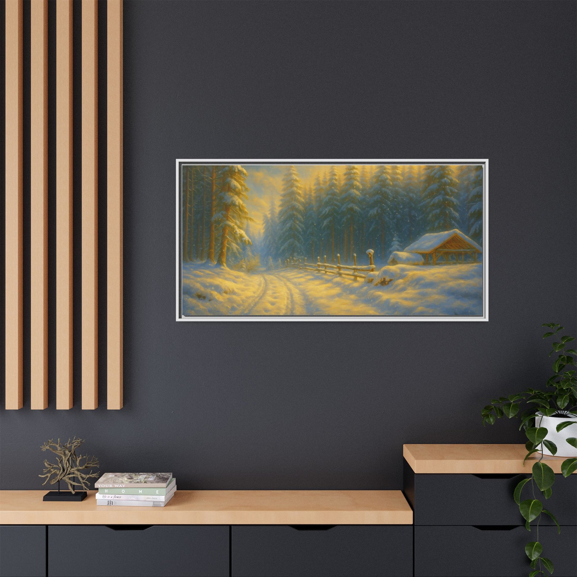 Framed winter cabin canvas print featuring a snowy forest sunset, wall art by Printify showcasing cozy outdoor scene