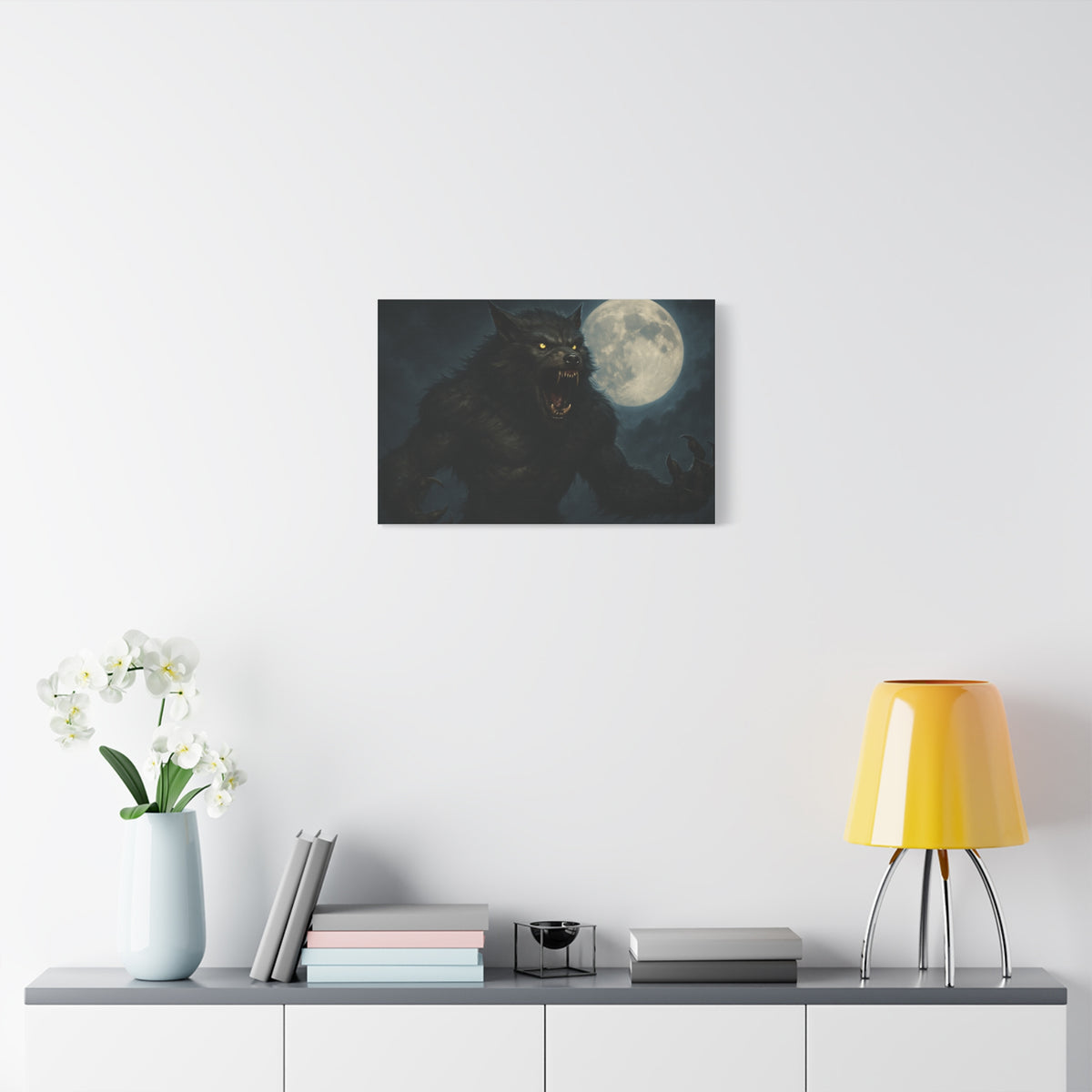 Spooky full moon werewolf moon matte canvas print wall art, featuring a dark, eerie night scene with a werewolf silhouette.