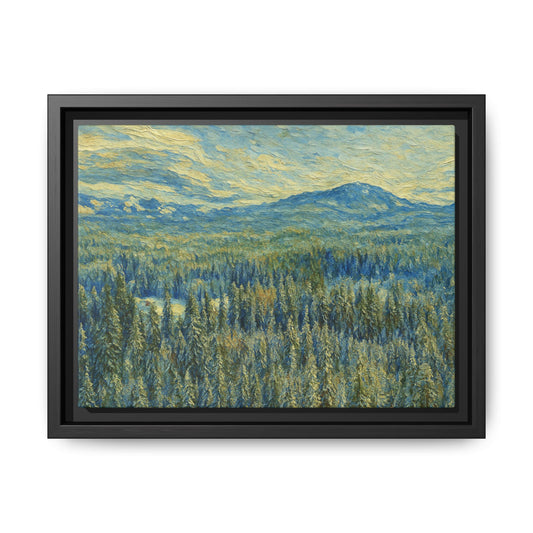 Framed matte canvas wall art featuring a serene mountain forest landscape, designed by Printify for nature-inspired home decor.