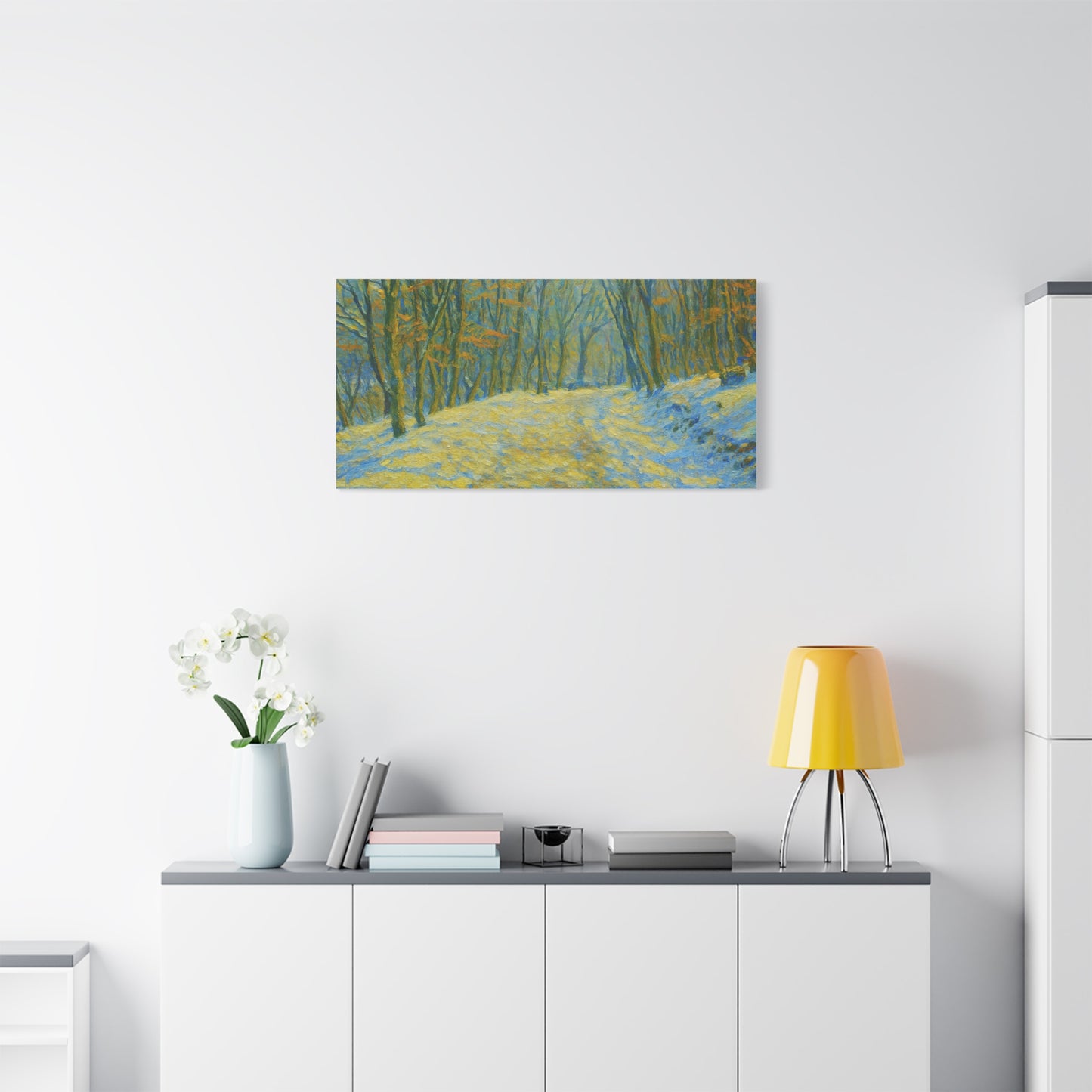 Winter landscape canvas wall art by Printify featuring a cozy nature scene, perfect for living room decor.
