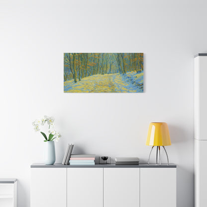 Winter landscape canvas wall art by Printify featuring a cozy nature scene, perfect for living room decor.