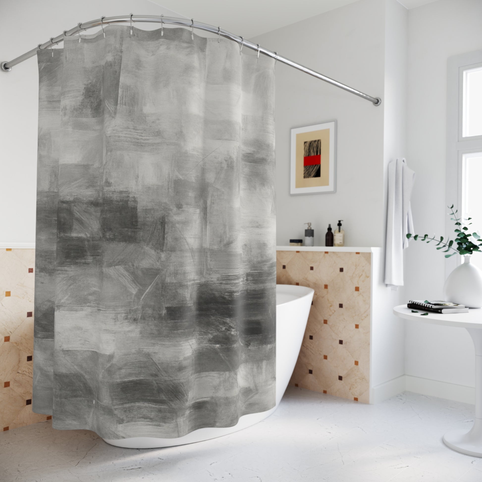 Abstract gray shower curtain from Printify showcasing modern bathroom decor with a stylish, contemporary design.