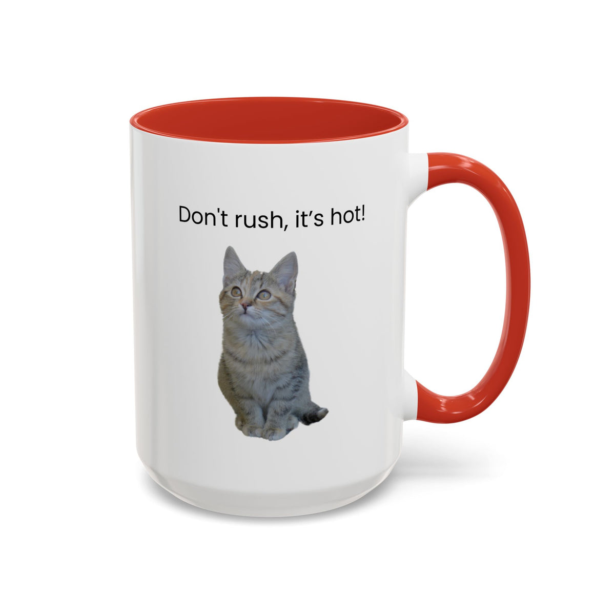 Ceramic cat coffee mug with "Don't rush, it's hot!" print, 11 oz, black handle, perfect for hot beverages.