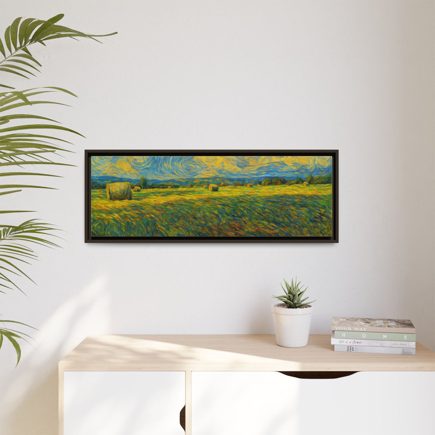 Colorful framed landscape matte canvas print by Printify featuring vibrant multi-color scenic artwork on high-quality canvas.