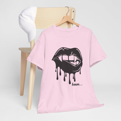 Graphic T-shirt by Printify featuring a dripping lips 'hmm...' bite design on a black cotton tee.