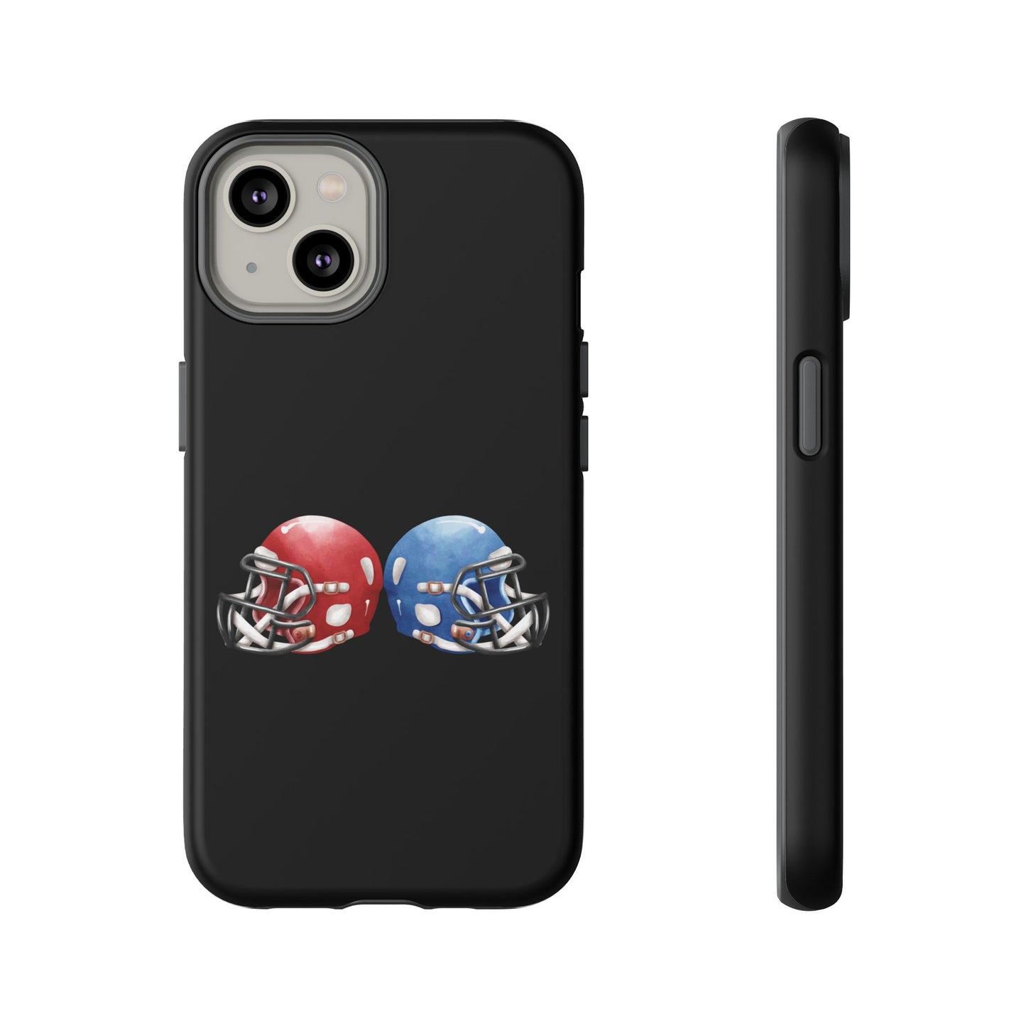 Red and blue football helmet tough phone case by Printify for iPhone, featuring a protective design and vibrant sports-themed graphics.