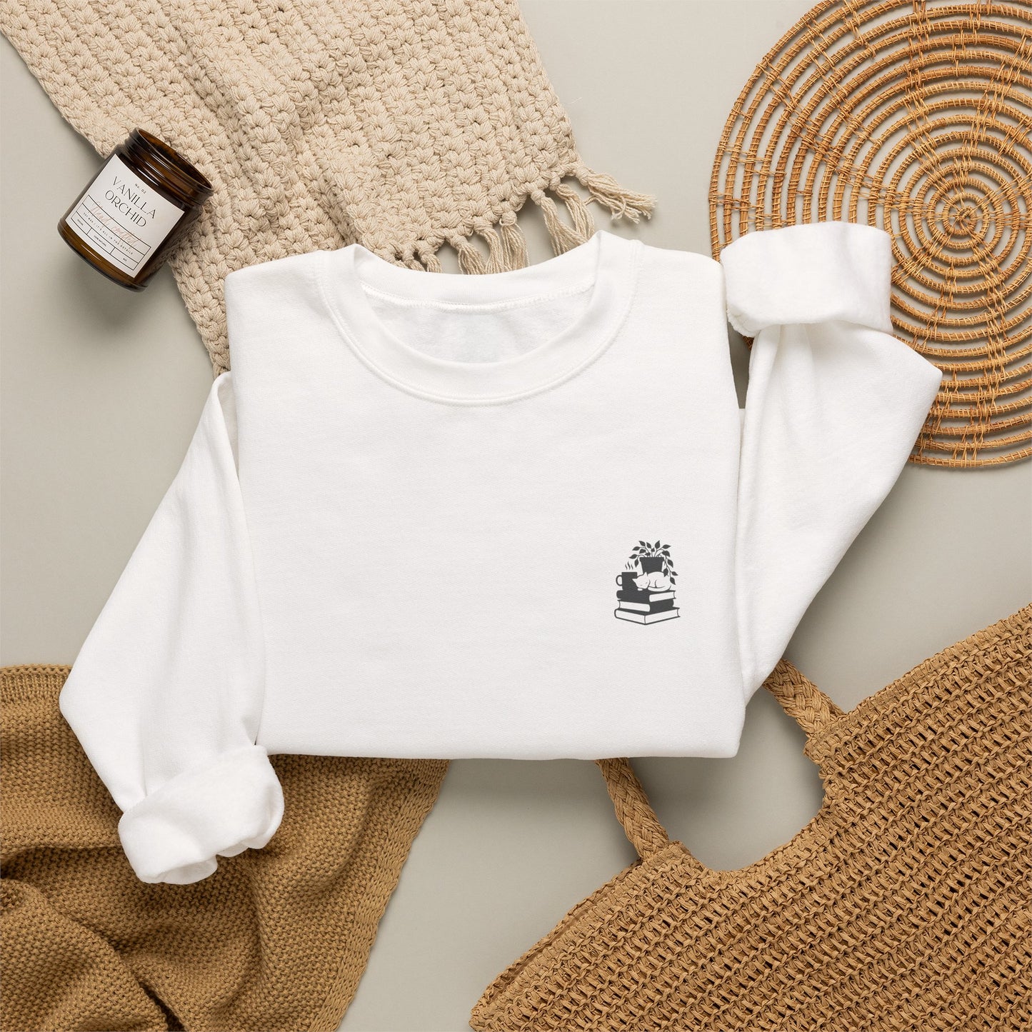 Stack of Books with Mug and Plant Sweatshirt | Cozy Reading Crewneck