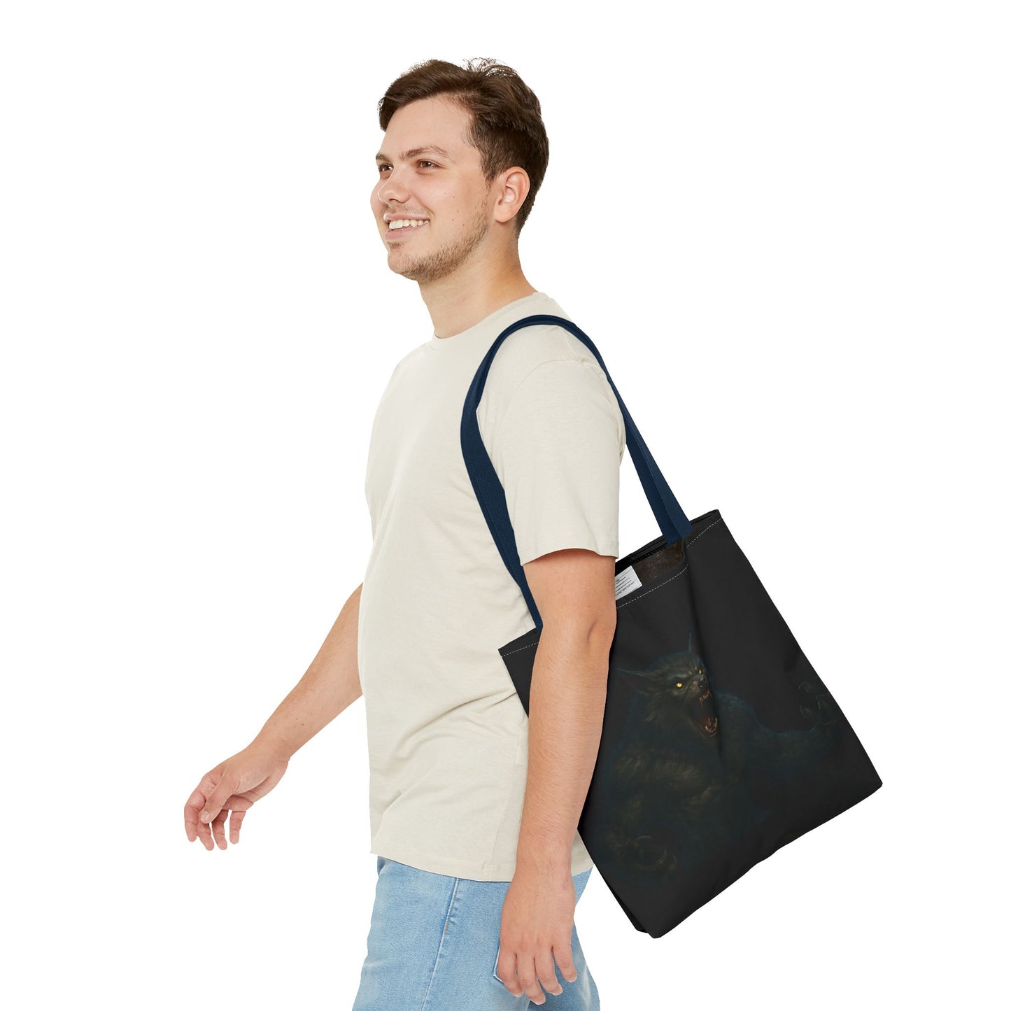 Werewolf tote bag with dark Halloween art, showcasing horror-themed design, perfect for Halloween fans and horror enthusiasts.