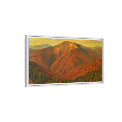 Autumn mountain matte canvas framed wall art by Printify featuring a scenic mountain landscape with warm autumn colors.