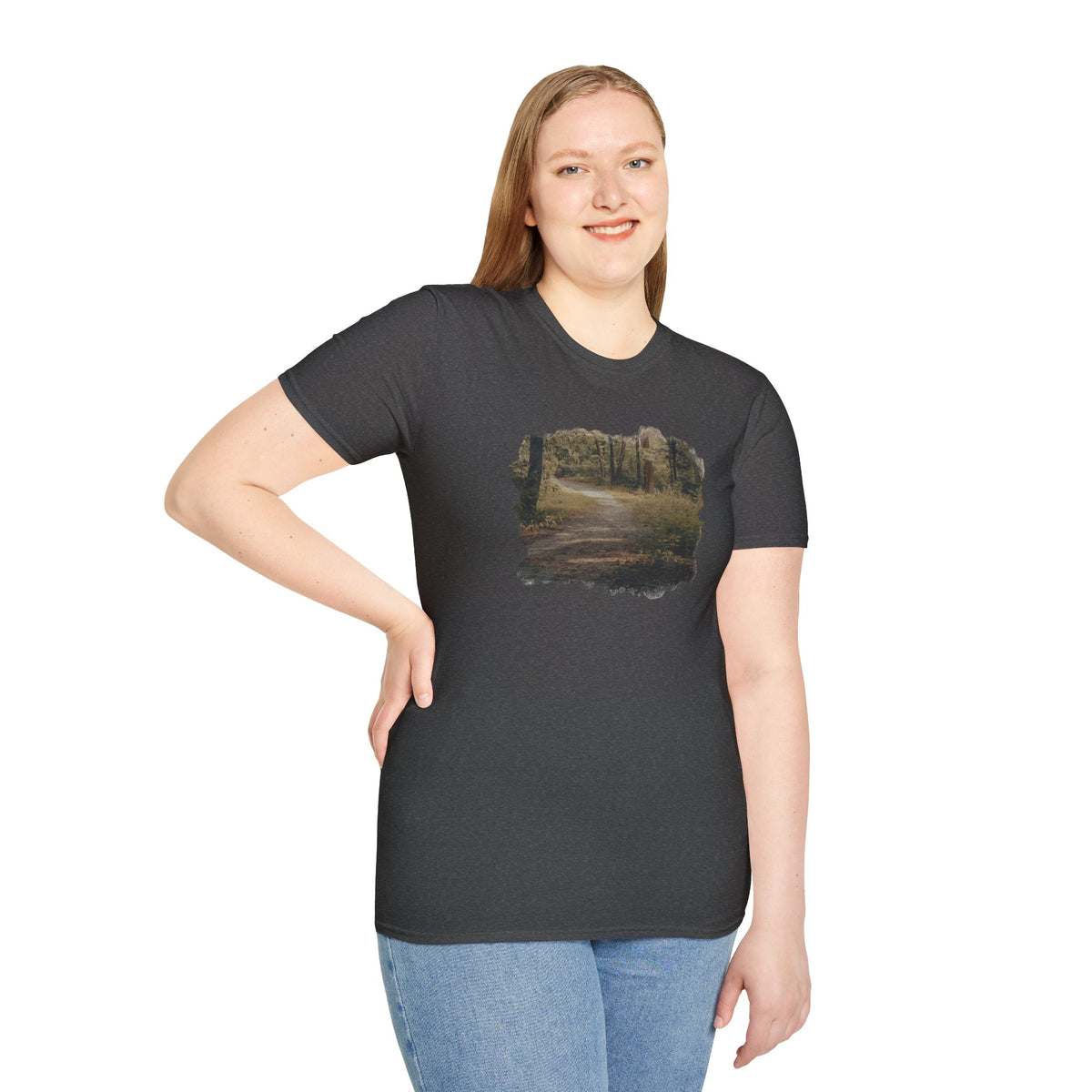 Vintage forest landscape T-shirt by Printify featuring a nature pathway scene on a casual cotton tee.