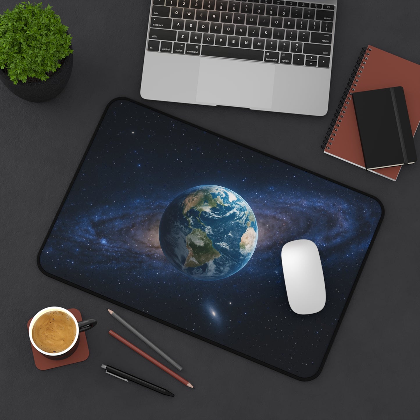 Earth in Galaxy desk mat by Printify featuring a space-themed planet Earth design on a smooth mousepad surface.